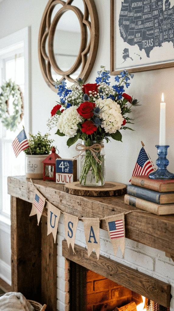  4th of July Mantel Decor , Mason Jar Centerpiece with Red