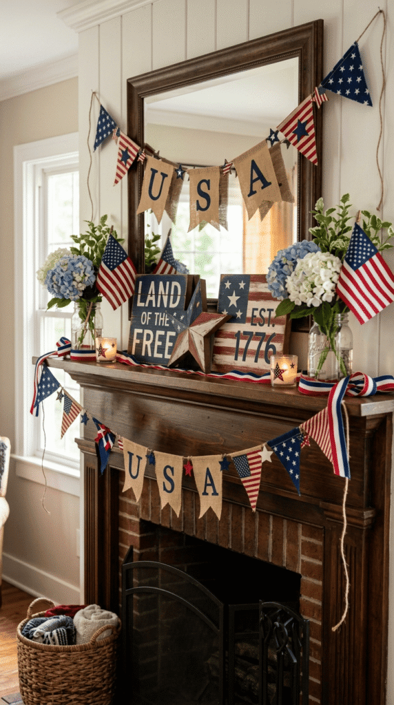 4th of July Mantel Decor , Patriotic Banner Garland 