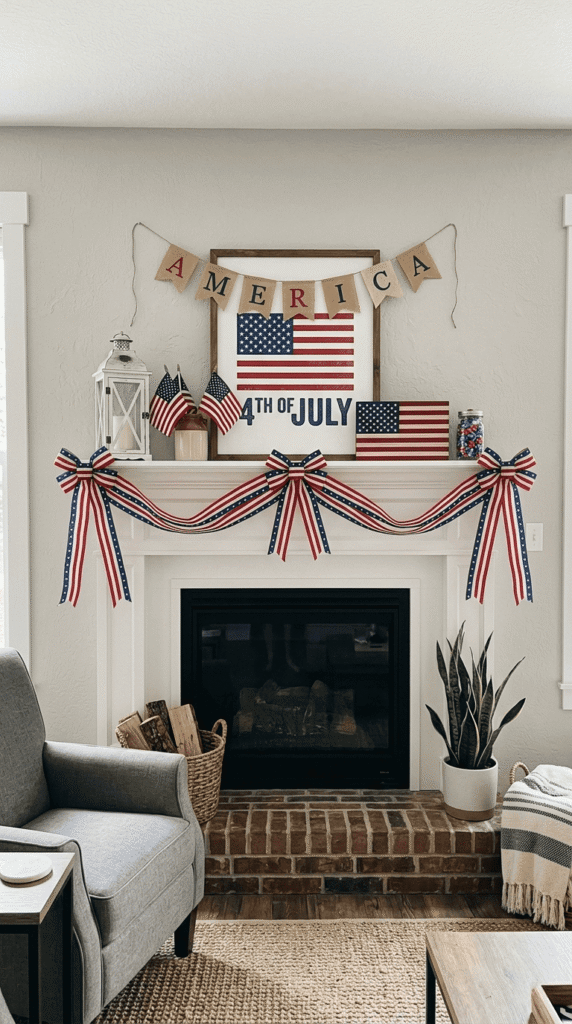 4th of July Mantel Decor , Striped Ribbon Swag