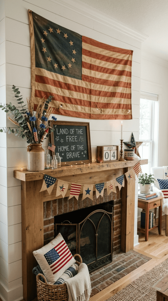 4th of July Mantel Decor  , Vintage Flag Display