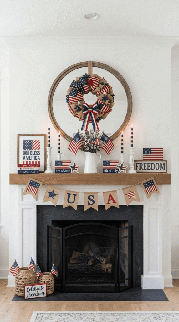  4th of July mantel decor. Patriotic Wreath on the Mirror