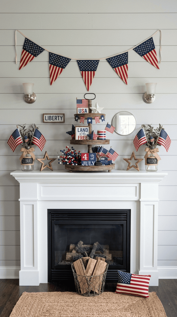 4th of July mantel decor. Tiered Tray Tableaux 