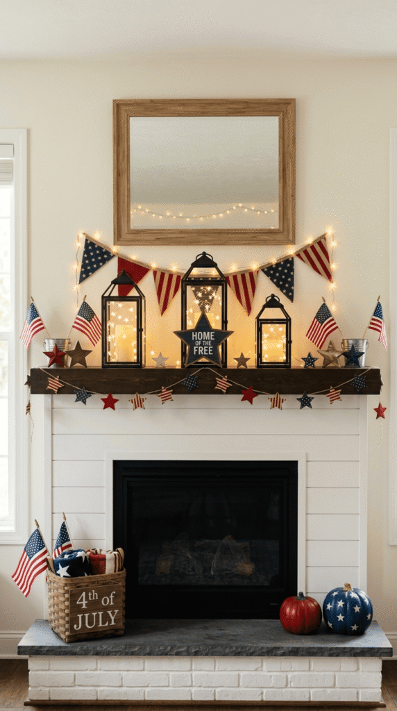4th of July mantel decor.Lantern Vignette with Star String Lights