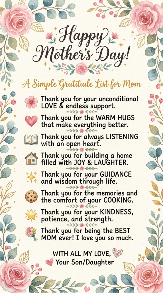 Mothers Day Card-A-Simple Gratitude List
