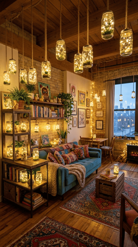 Whimsical Apartment design ,Firefly Mason Jar Lighting