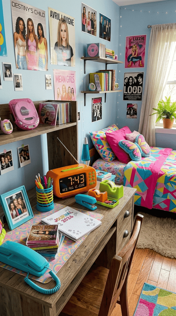 2000s Teen Bedroom , Colorful Alarm Clock and Matching Desk Accessories