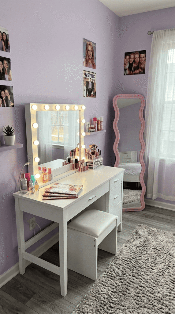 2000s Teen Bedroom , Vanity With a Hollywood Mirror