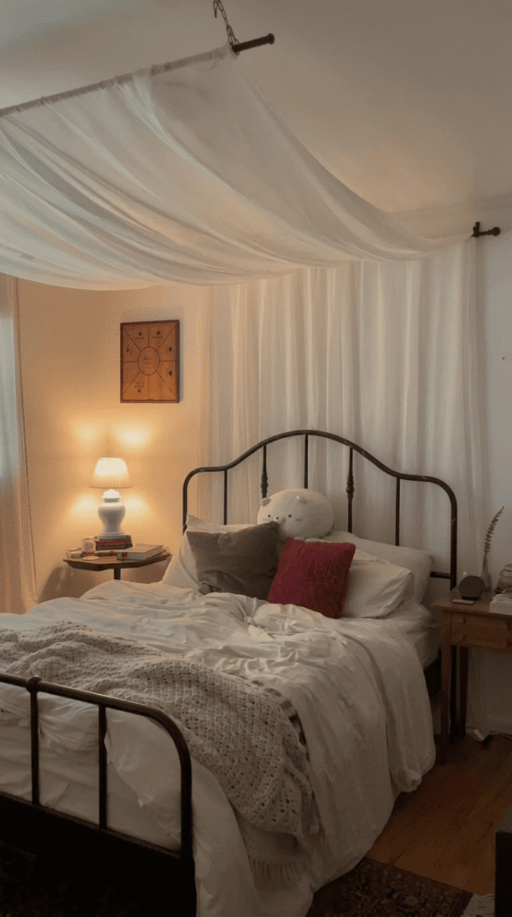 DIY Dorm ,Tapestry + Fairy Light Canopy Bed