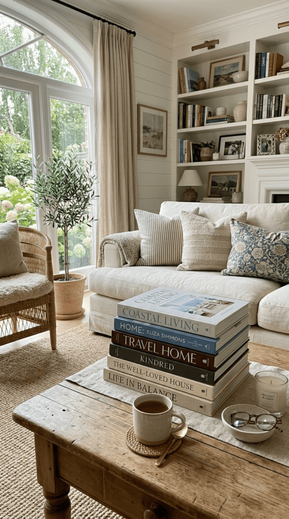 Nancy Meyers Aesthetic Living Room ,  A Stack of Coffee Table Books