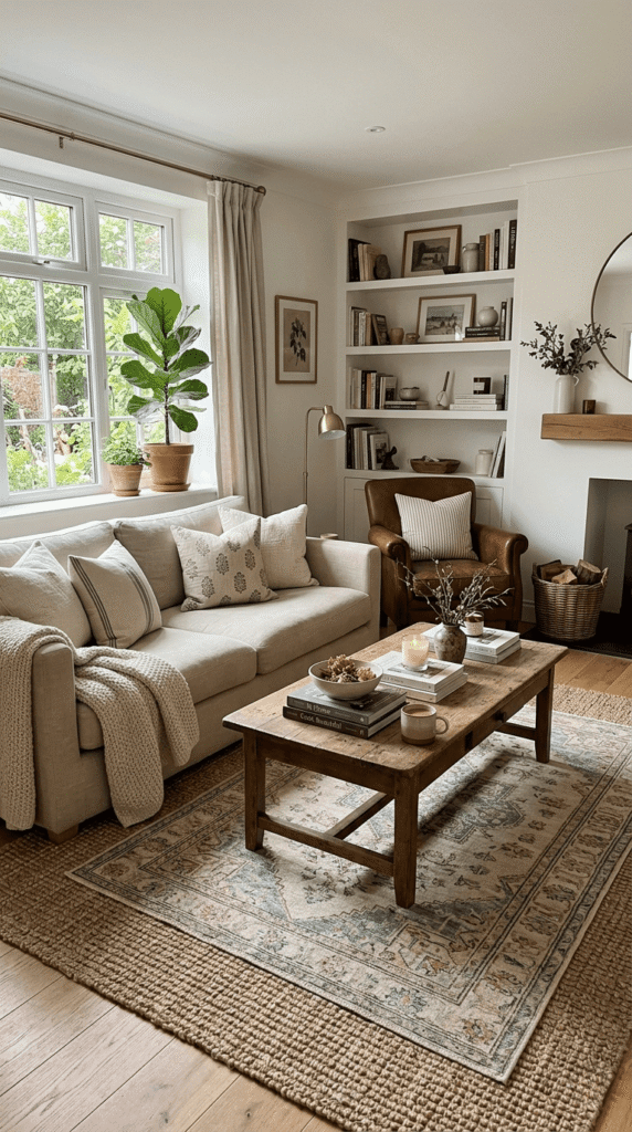 Nancy Meyers Aesthetic Living Room , A Warm, Layered Area Rug 