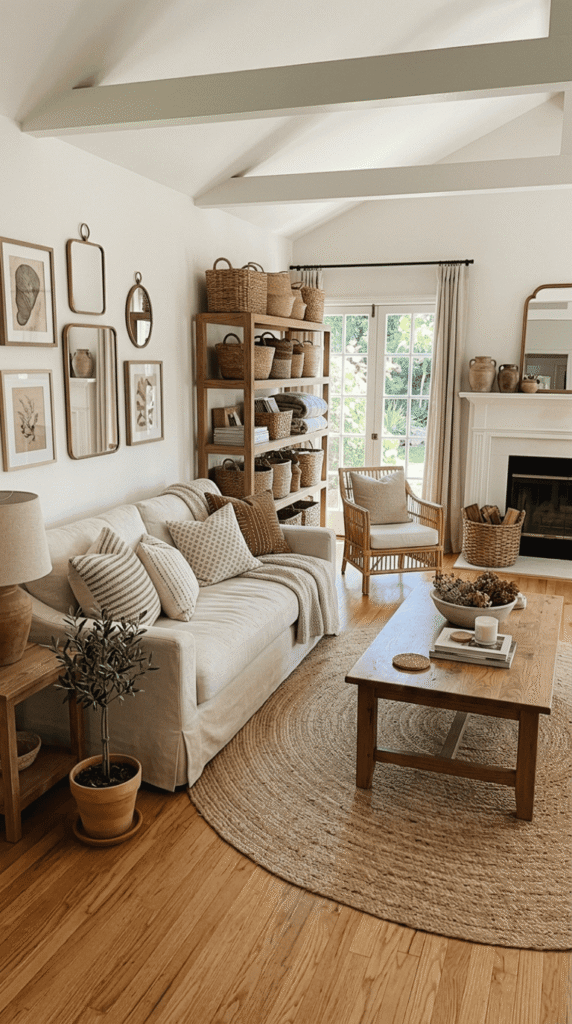 Nancy Meyers living room with Woven Baskets and Natural Textures