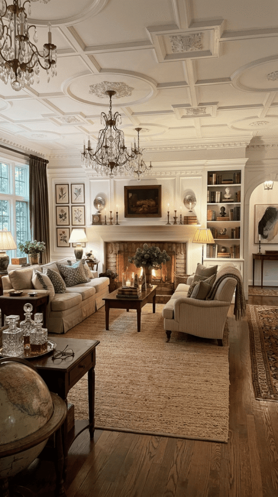 Nancy Meyers living room with a fireplace