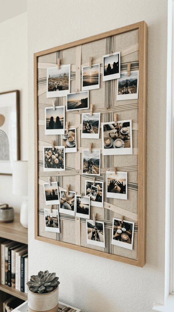 DIY ribbon photo collage board with clipped pictures