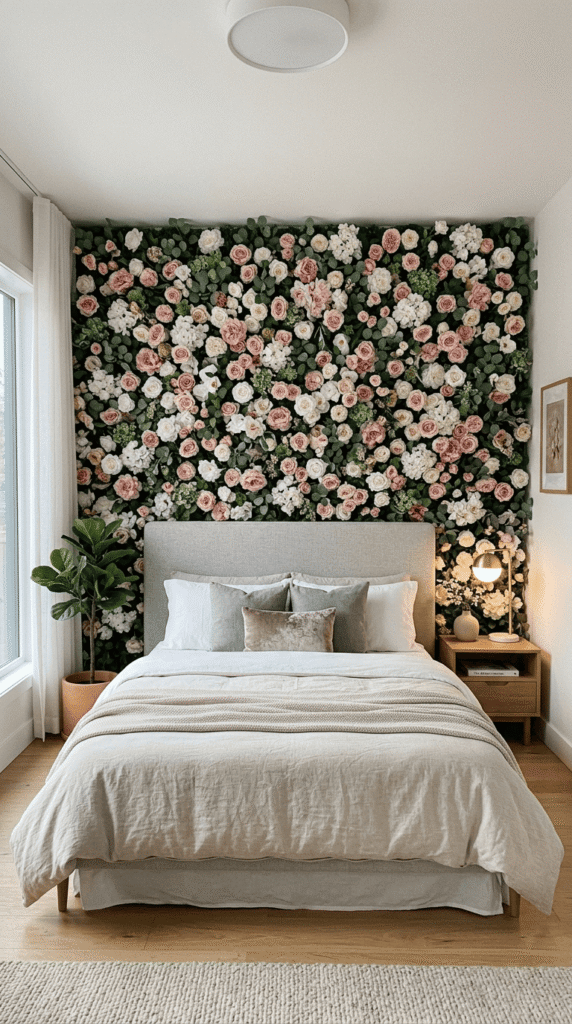 Flower panel backdrop behind a bed headboard