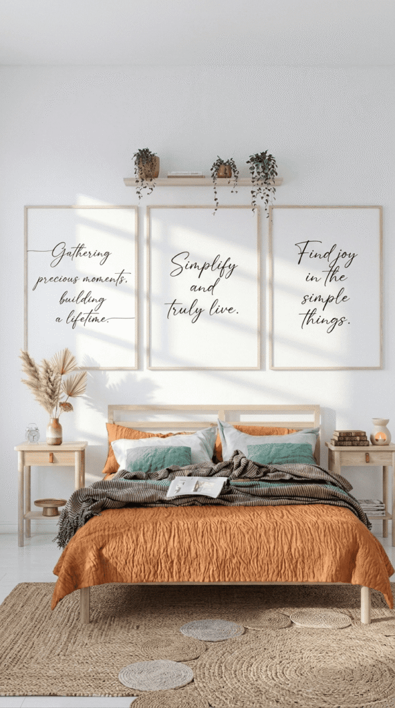 Minimal inspirational quote print on bedroom wall