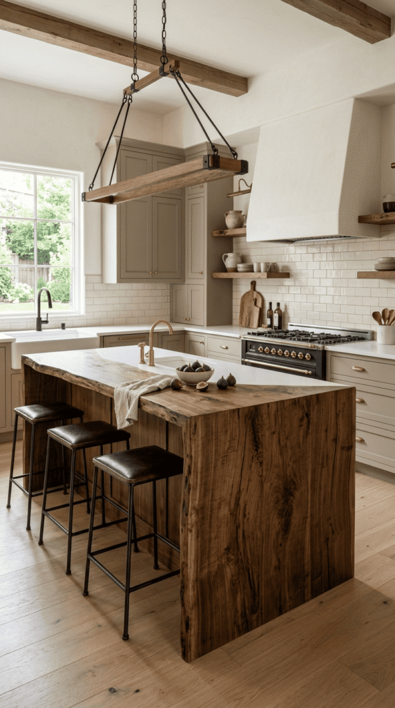 Neutral rustic modern kitchen with a bold wood statement island
