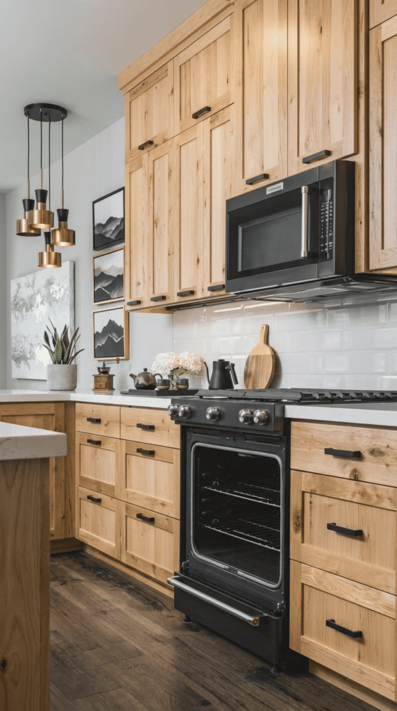 Rustic Modern Kitchen ,Matte Black Hardware on Natural Wood Cabinets