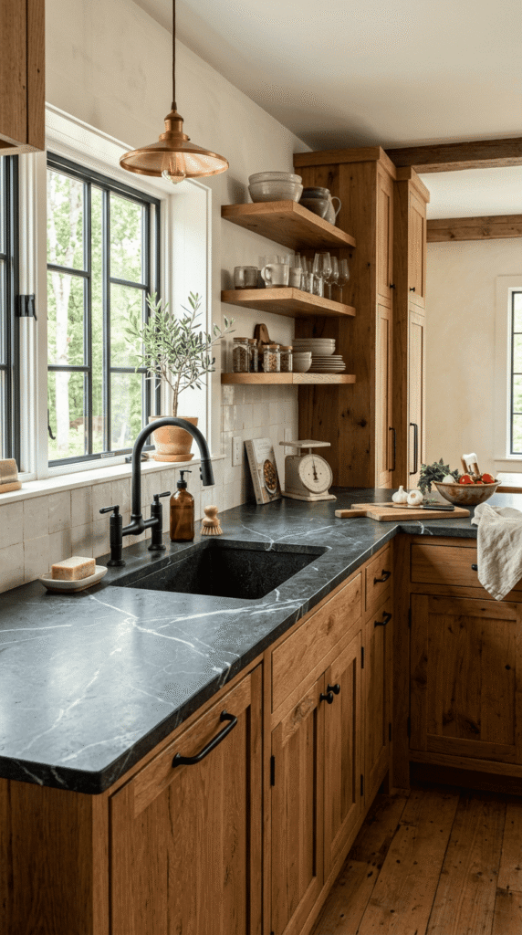 Rustic Modern Kitchen Soapstone Countertops with Warm Wood Tones