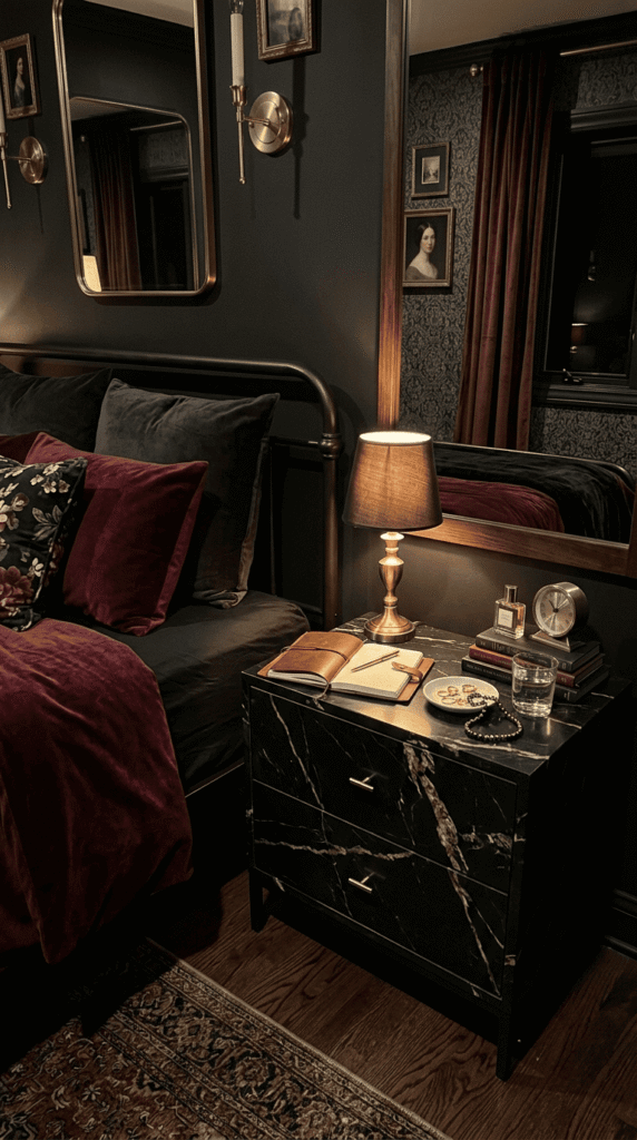 Antique gold picture frame gallery wall on black bedroom wall