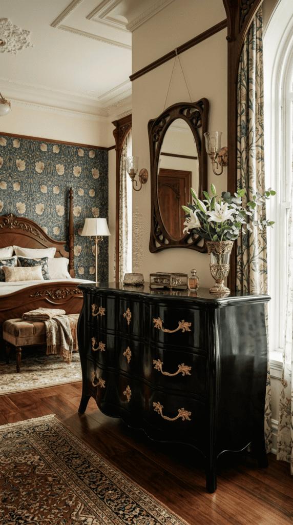 Black lacquer curved dresser with gold handles in a nouveau bedroom