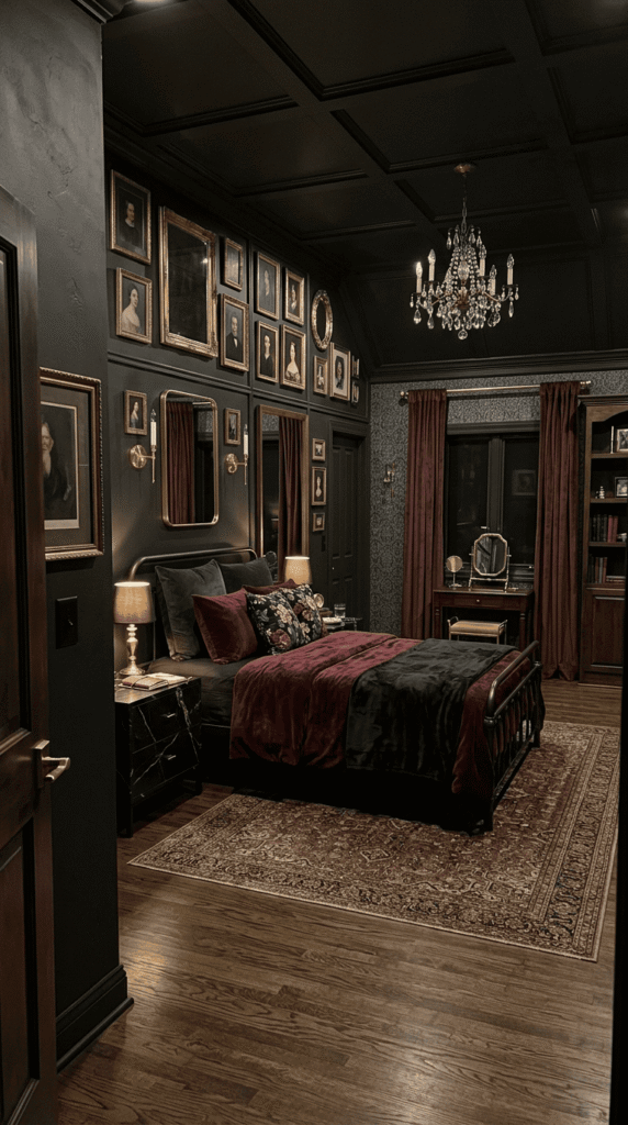 Black marble nightstand with gold veining in a dark feminine room
