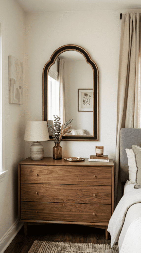Arched brass and black accent mirror above a bedroom dresser