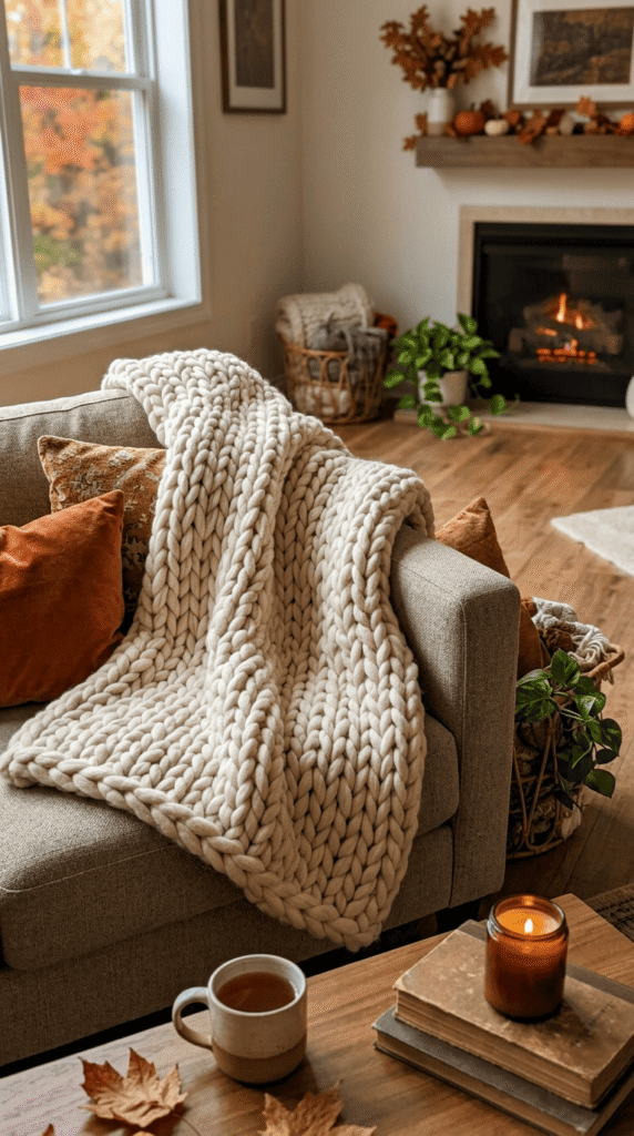 Chunky knit throw blanket draped over a couch in a cozy fall living room