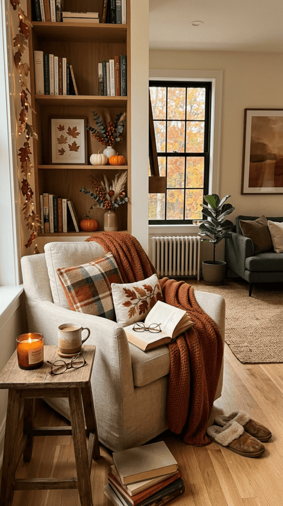 Cozy reading corner nook styled for fall in a living room