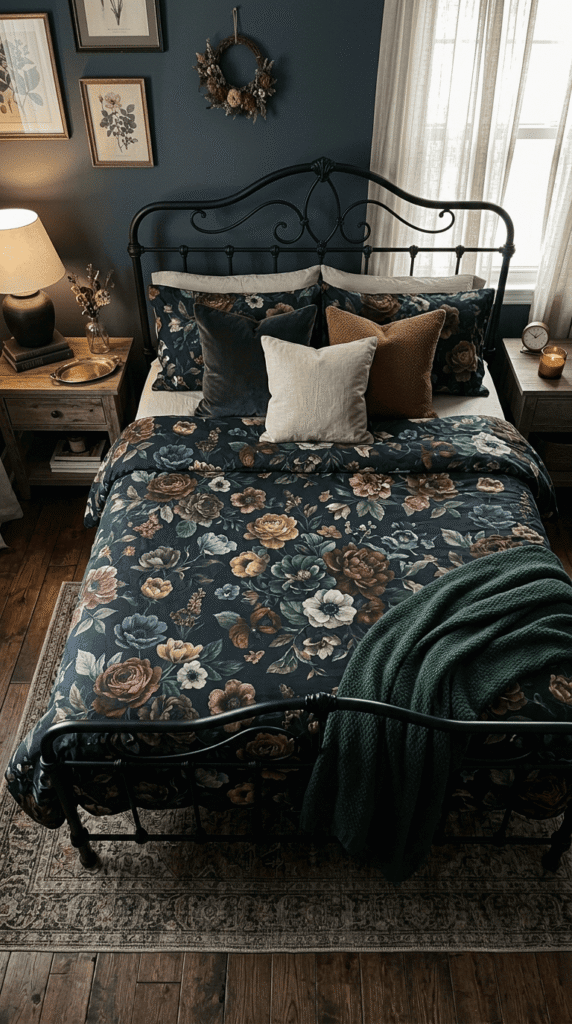 Dark floral botanical duvet on a bed in a romantic moody bedroom