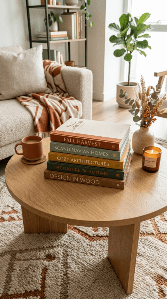 Stack of fall-toned coffee table books styled in a living room
