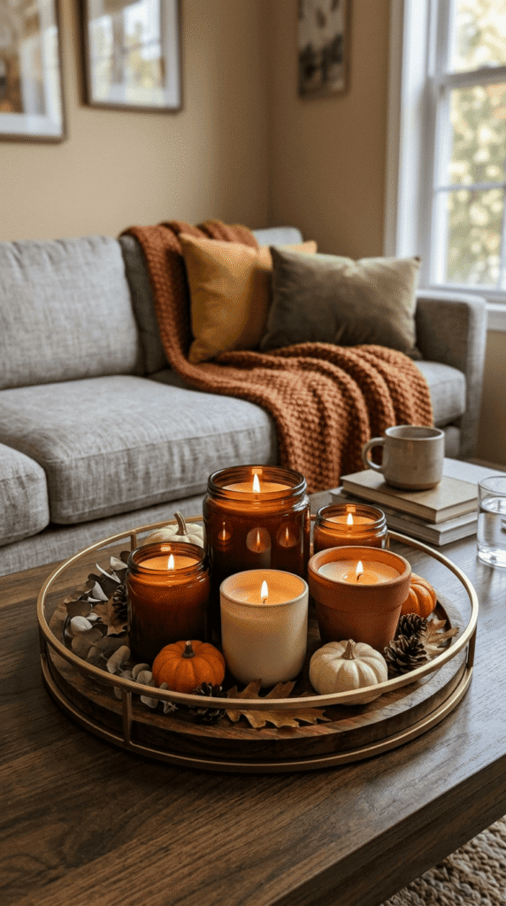 Grouped fall-scented candles displayed on a tray in a living room
