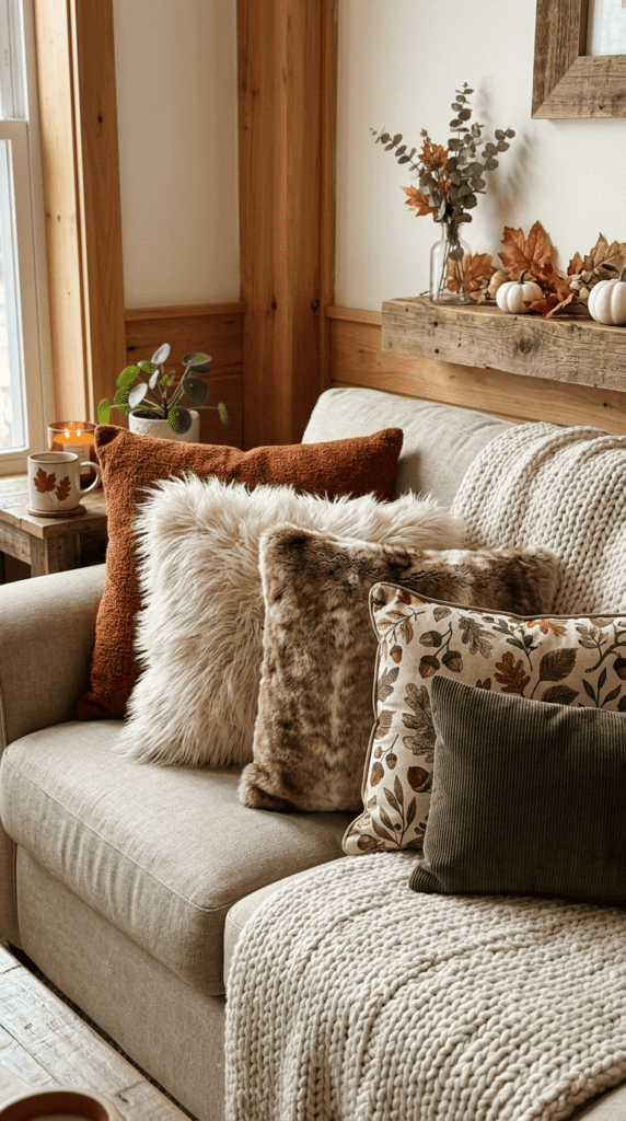 Layered faux fur throw pillows on a couch for fall living room decor