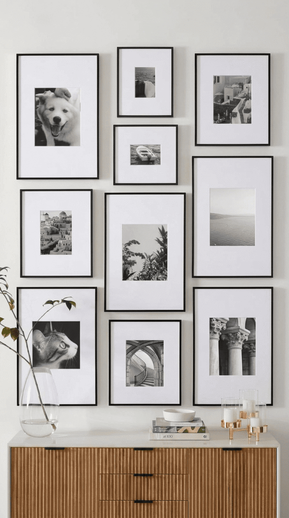 Gallery wall with mixed photo frames on a room wall