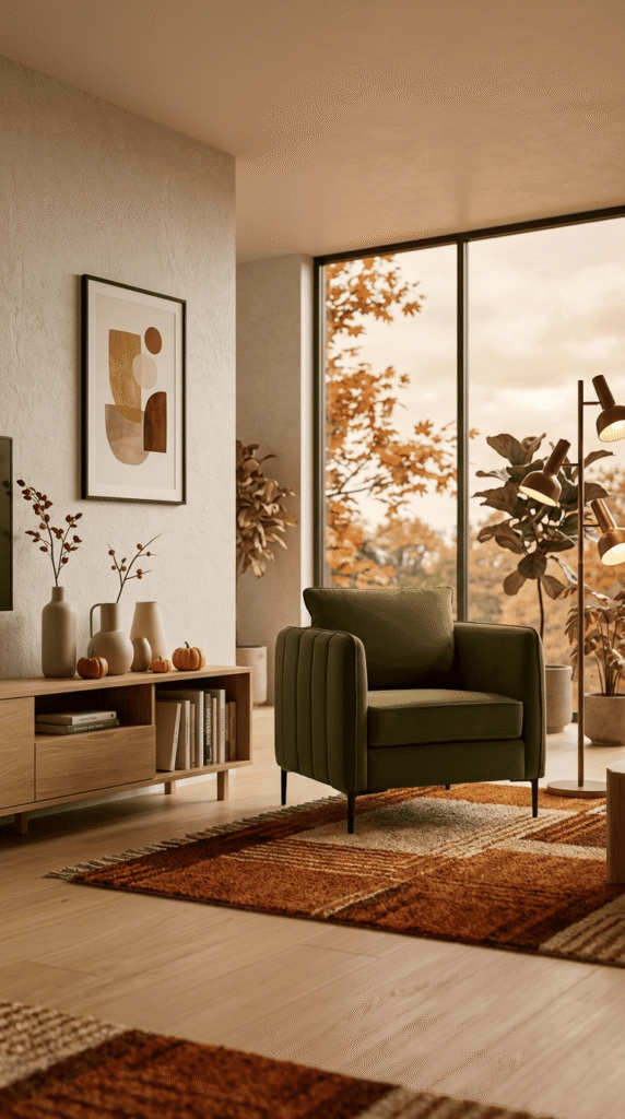 Olive green accent chair in a fall-themed living room