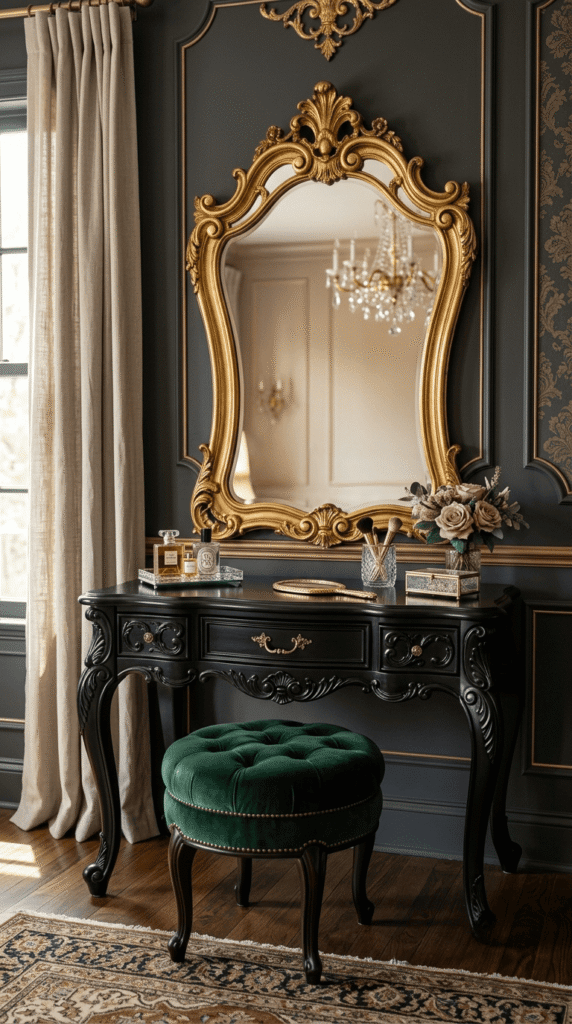 Black ornate vanity with curved gold mirror and velvet stool
