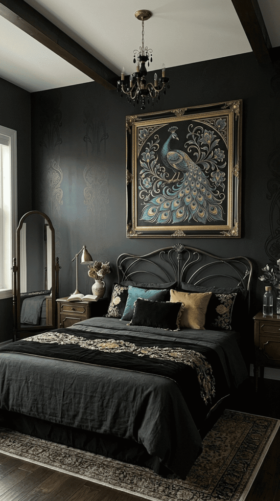 Peacock motif wall art in a romantic black nouveau bedroom