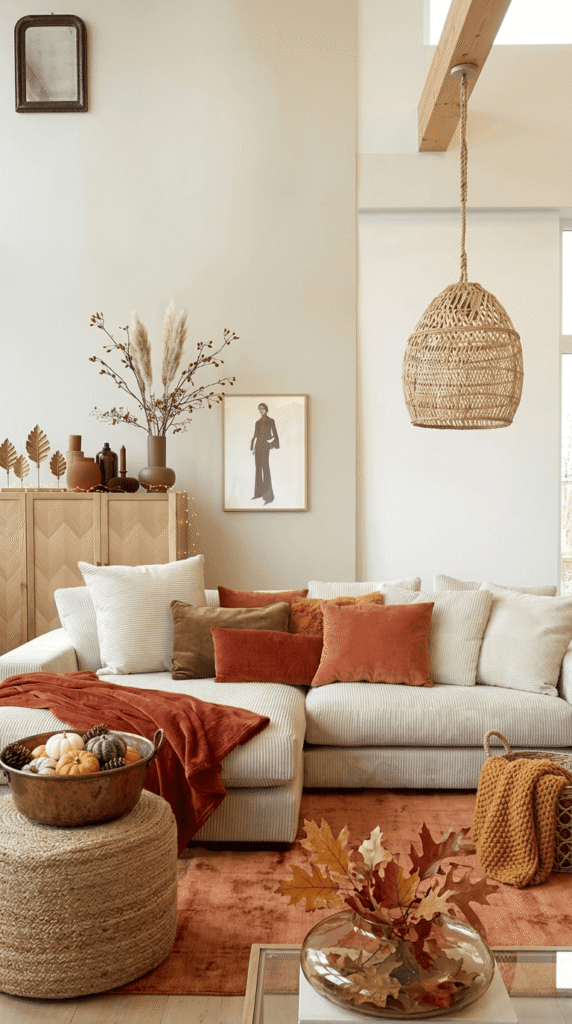 Rust and terracotta decor accents styled in a fall living room