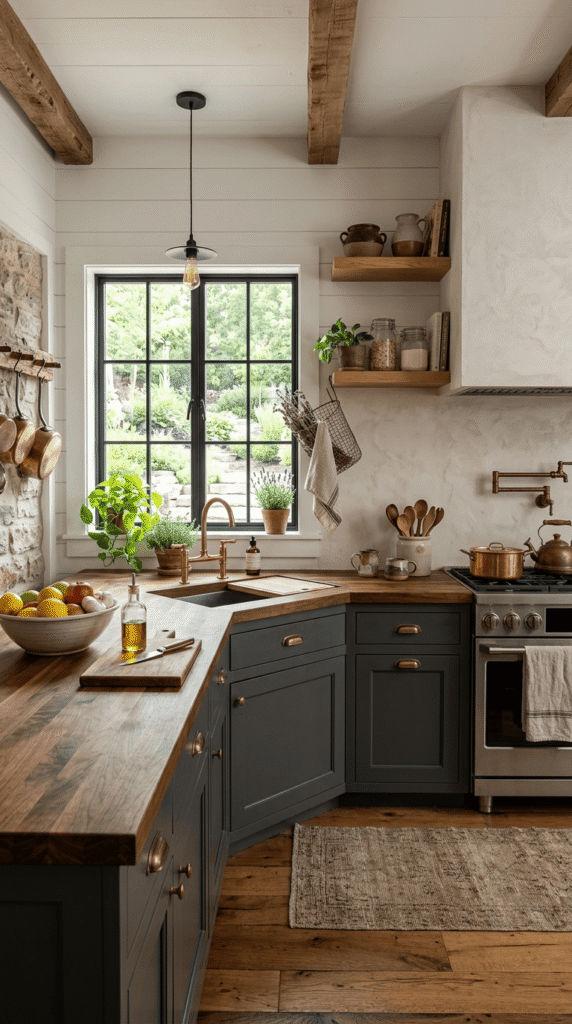 Butcher block countertops in a rustic modern kitchen