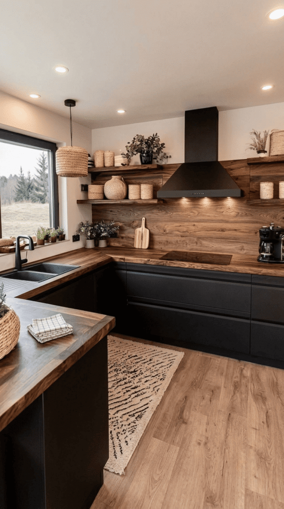 Rustic modern kitchen with exposed wood beams and matte black pendant lights