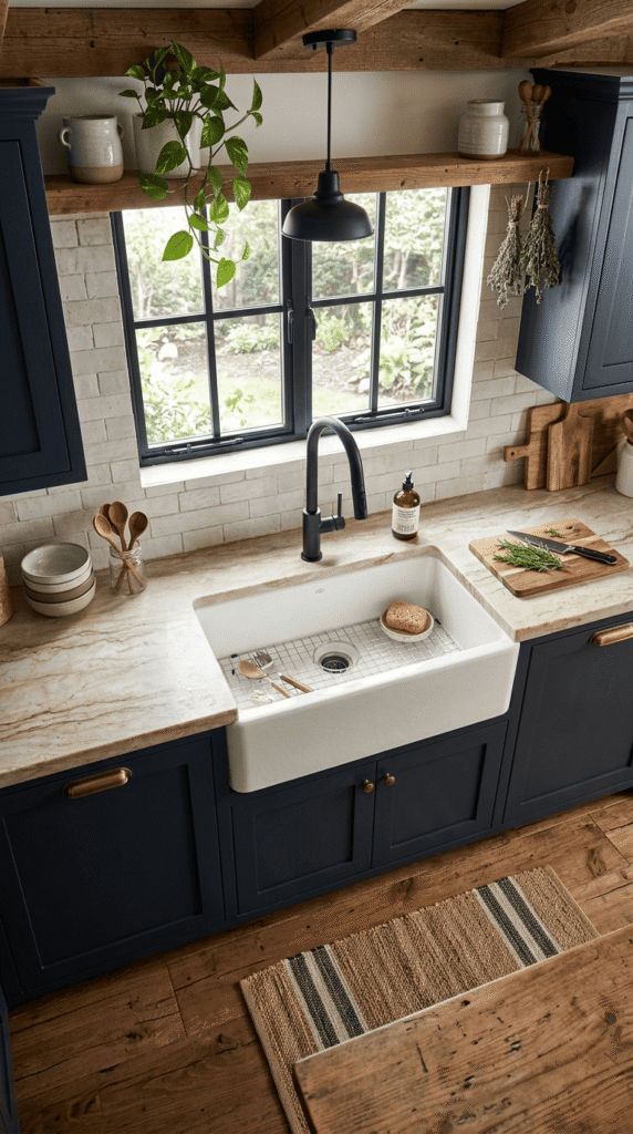 Farmhouse sink with modern black faucet in a rustic kitchen