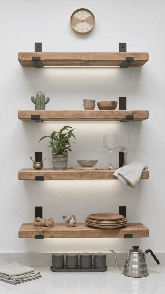 Open wood shelving with black brackets in a rustic modern kitchen