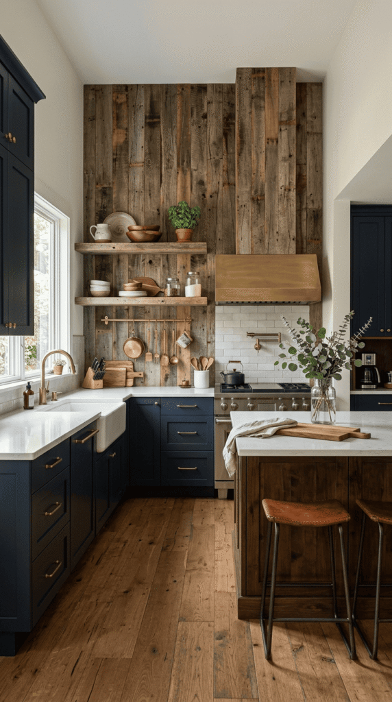 Reclaimed wood accent wall in a rustic modern kitchen