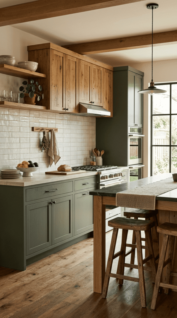 Two-tone rustic modern kitchen cabinets with wood lowers and white uppers