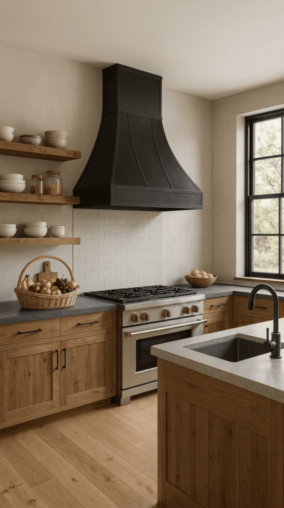 Wood range hood with black steel trim in a rustic modern kitchen