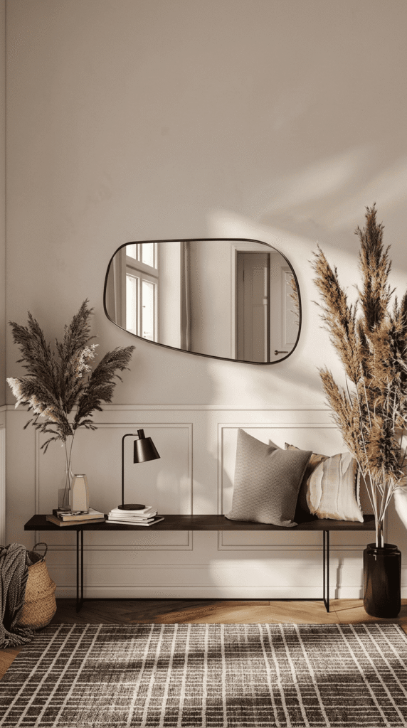 Arched statement mirror hanging on bedroom wall