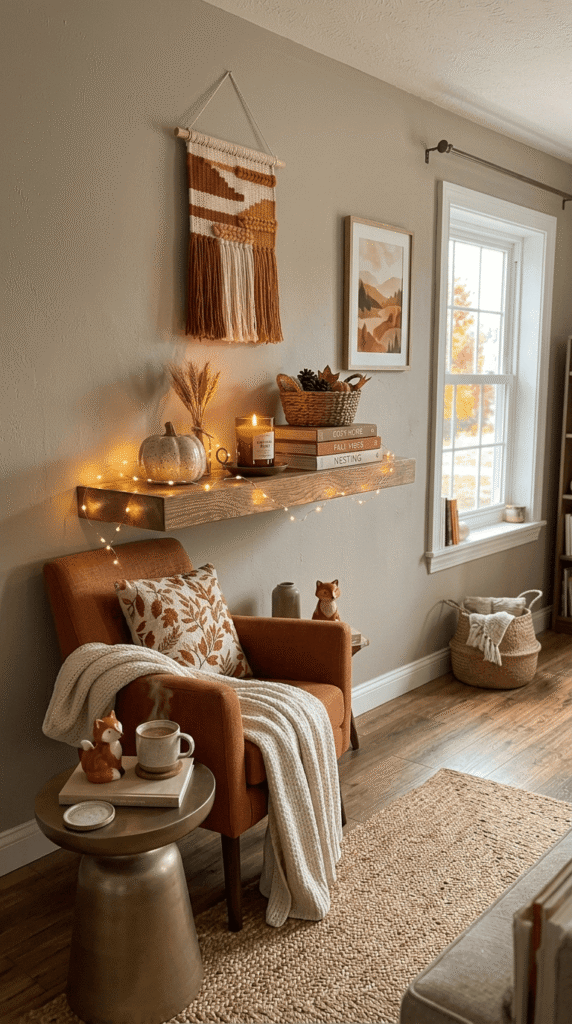 Warm string lights draped on a shelf for cozy fall living room decor