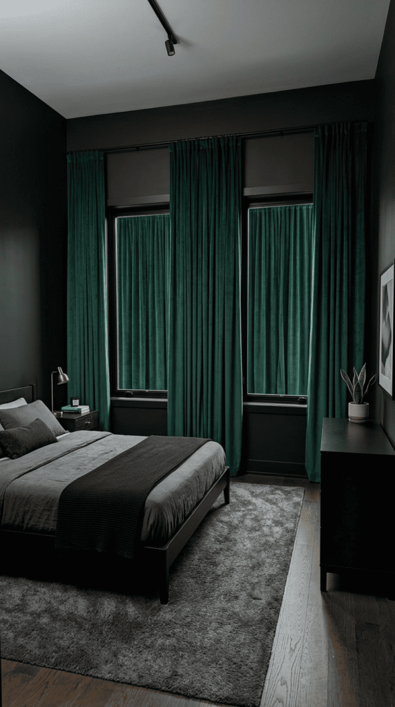 Deep emerald velvet curtains against black bedroom walls