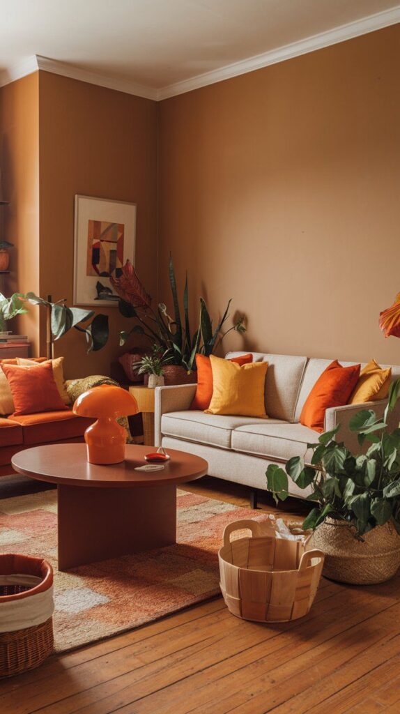 Warm neutral color palette styled in a fall living room