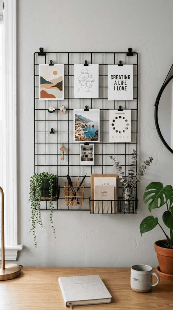Wire wall grid with clipped polaroids above a desk