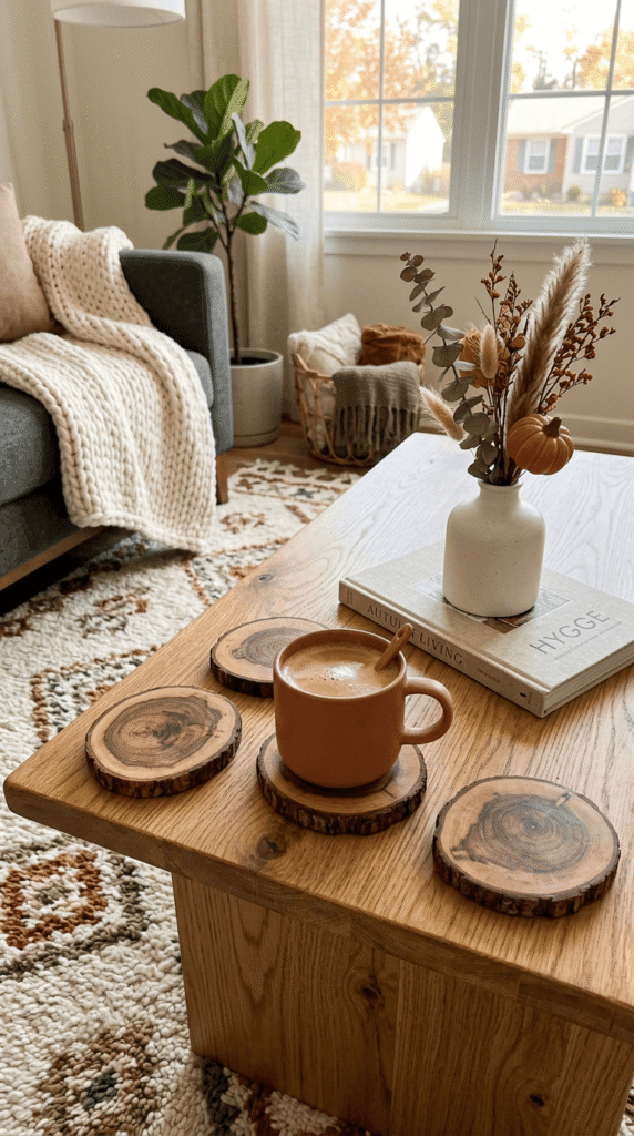 Wood slice coasters styled on a coffee table for fall living room decor